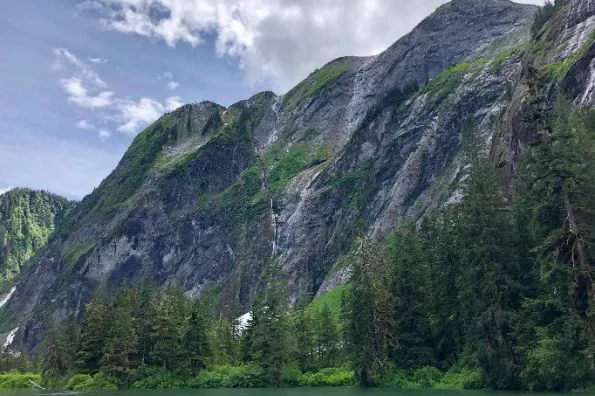 image of mountain with trees and water in front