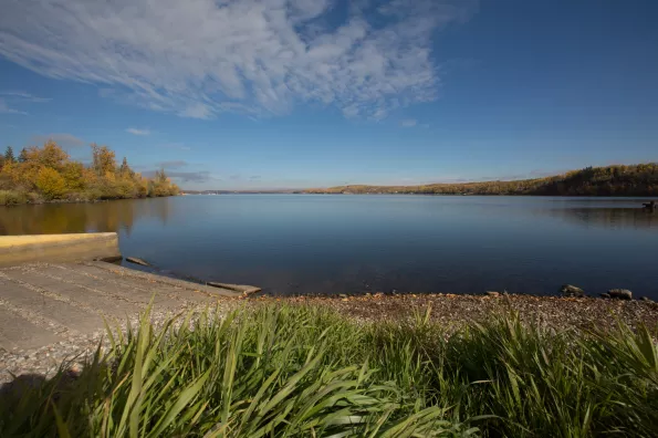 lake boat launch on a sunny, clear day