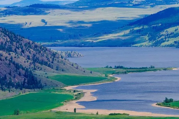 view of hills and water from above. 