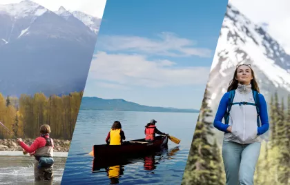 Multiple images of people enjoying different outdoor activities in British Columbia